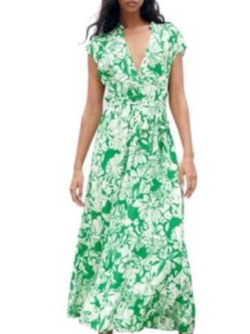 Zara Green and White Floral Wrap Maxi Dress